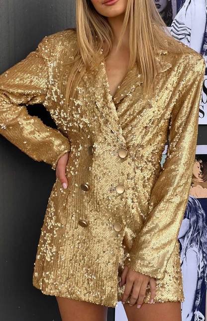 Natalie Gold Sequin Blazer Mini Dress-Vavasi.All Rights Reserved.
