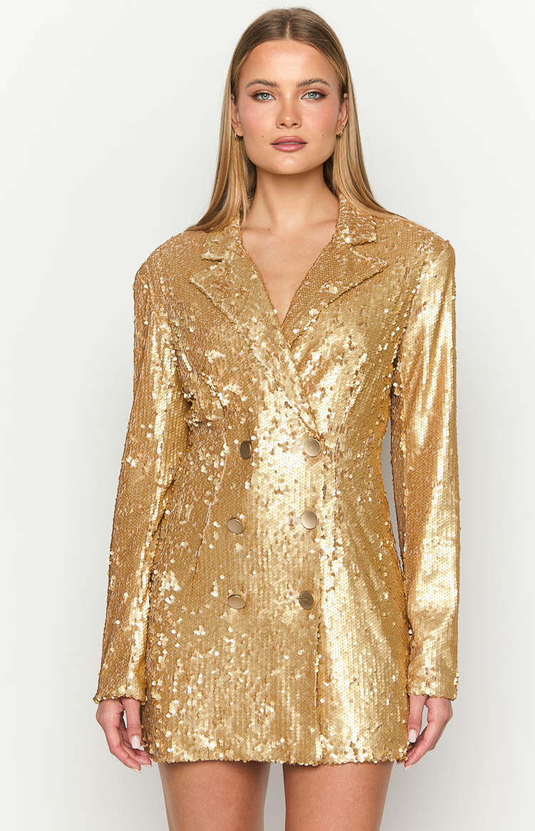 Natalie Gold Sequin Blazer Mini Dress-Vavasi.All Rights Reserved.