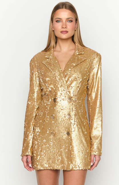 Natalie Gold Sequin Blazer Mini Dress-Vavasi.All Rights Reserved.