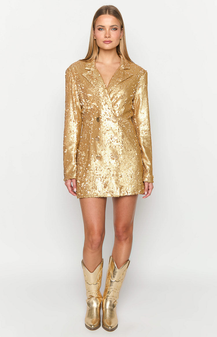 Natalie Gold Sequin Blazer Mini Dress-Vavasi.All Rights Reserved.