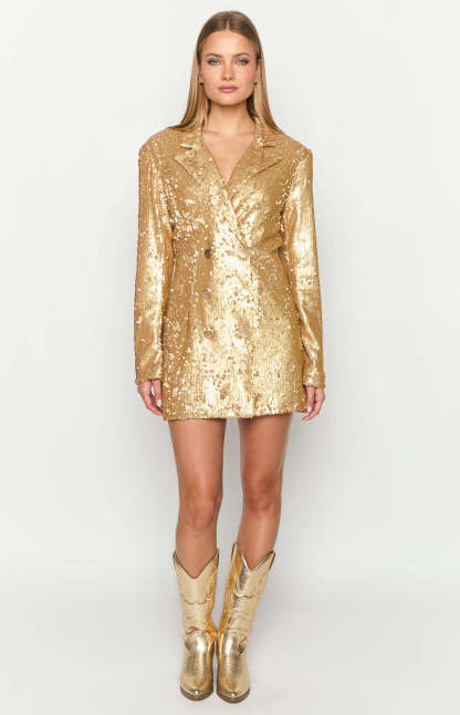 Natalie Gold Sequin Blazer Mini Dress-Vavasi.All Rights Reserved.