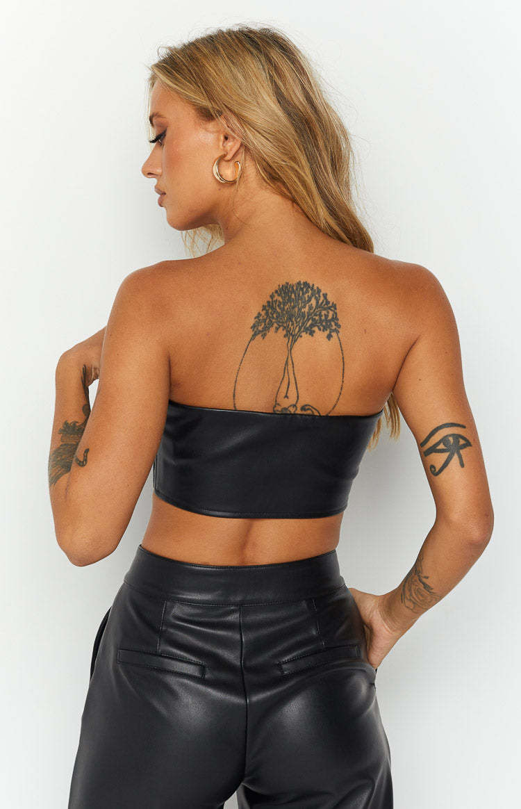 Nation Black PU Strapless Crop Top-Vavasi.All Rights Reserved.