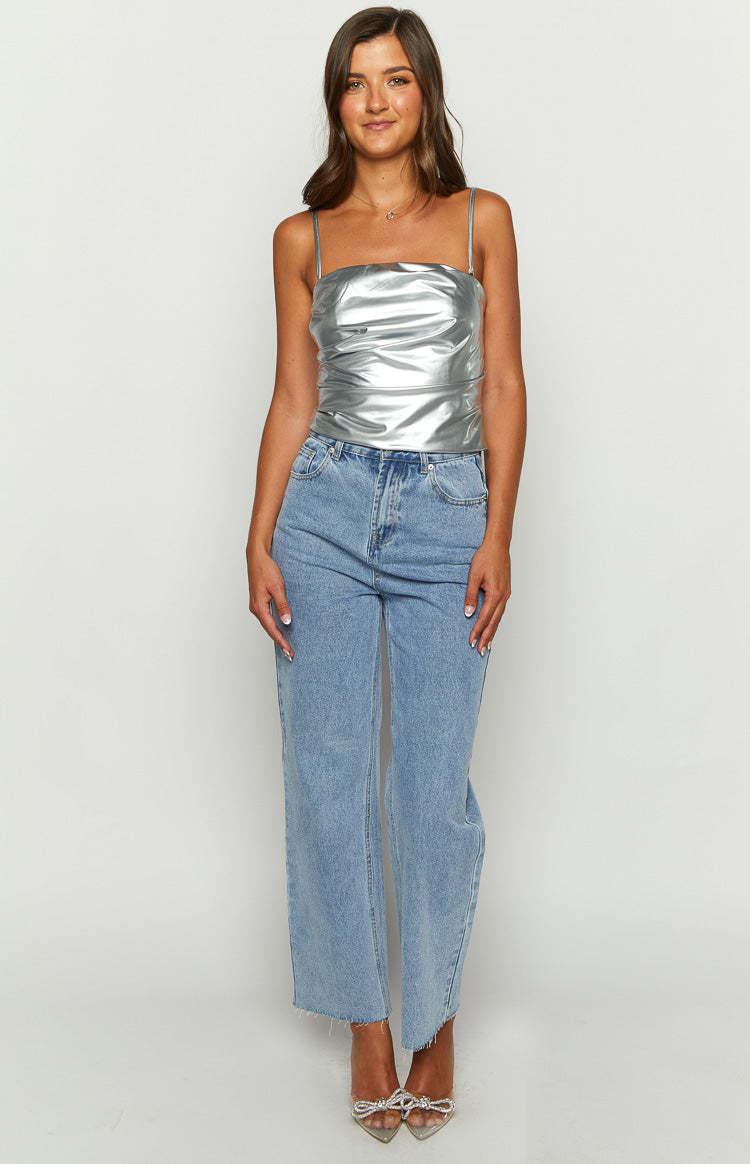 Never There Silver Metallic Strapless Top-Vavasi.All Rights Reserved.