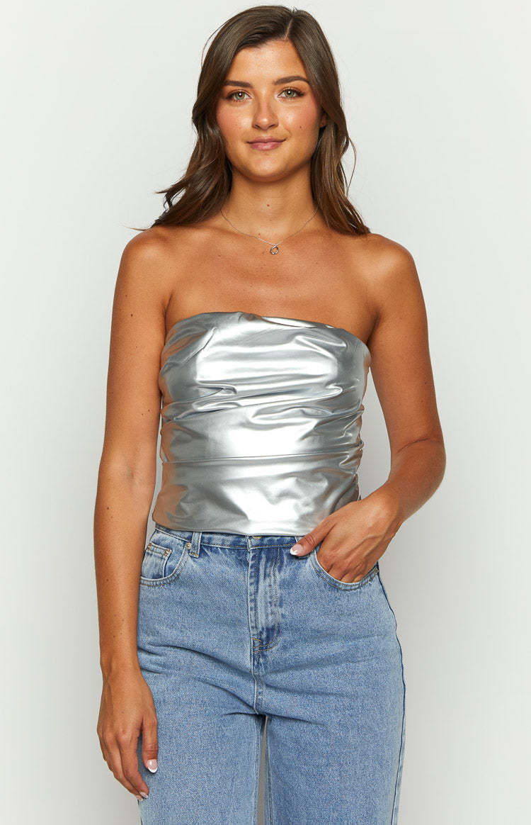 Never There Silver Metallic Strapless Top-Vavasi.All Rights Reserved.