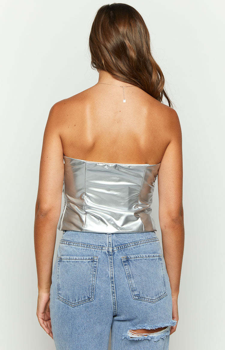 Never There Silver Metallic Strapless Top-Vavasi.All Rights Reserved.