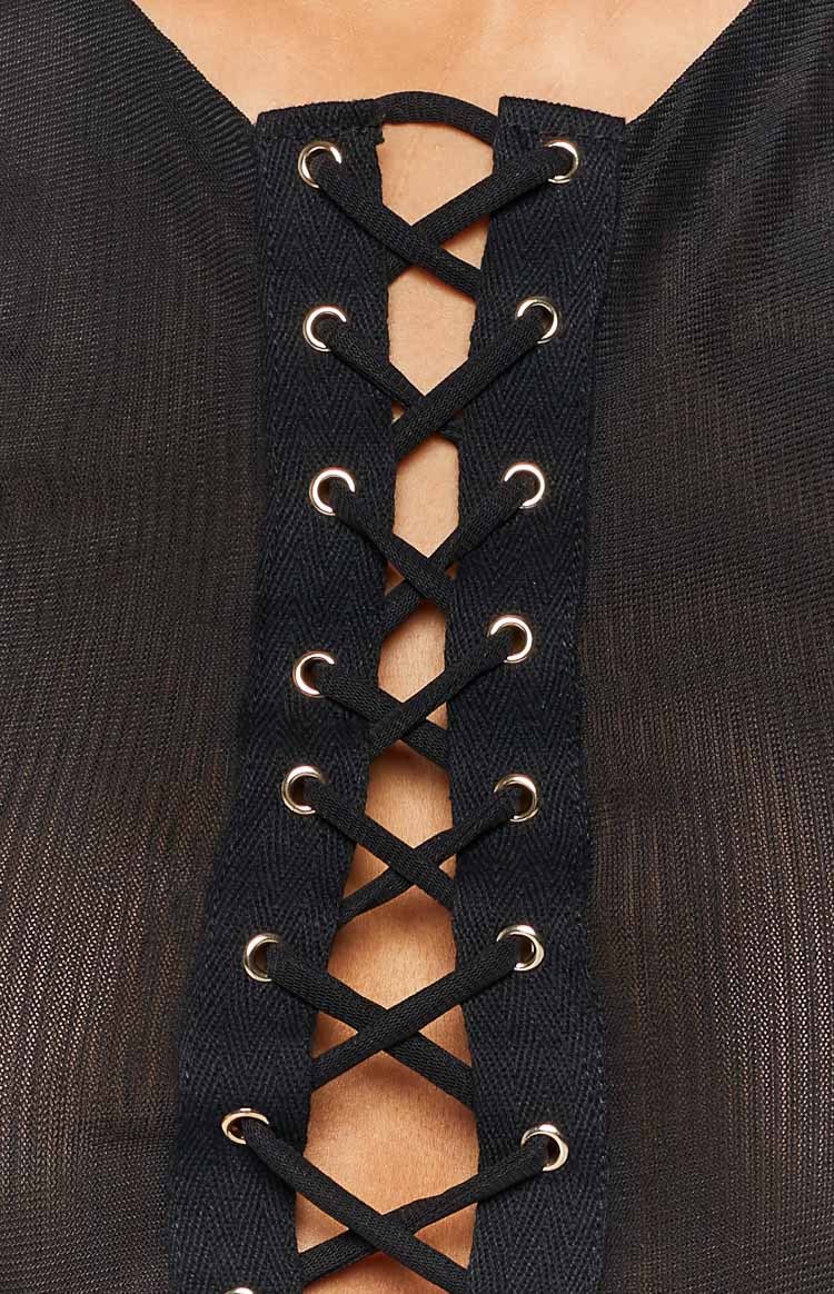 Nicola Black Lace Up Mesh Top-Vavasi.All Rights Reserved.