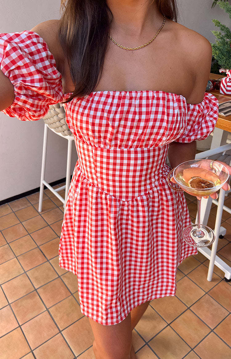 Love Lost Off The Shoulder Red Gingham Mini Dress-Vavasi.All Rights Reserved.