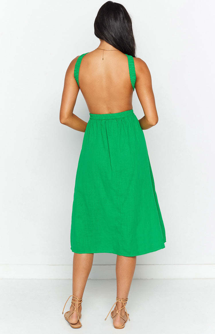 Odessa Backless Green Midi Dress-Vavasi.All Rights Reserved.