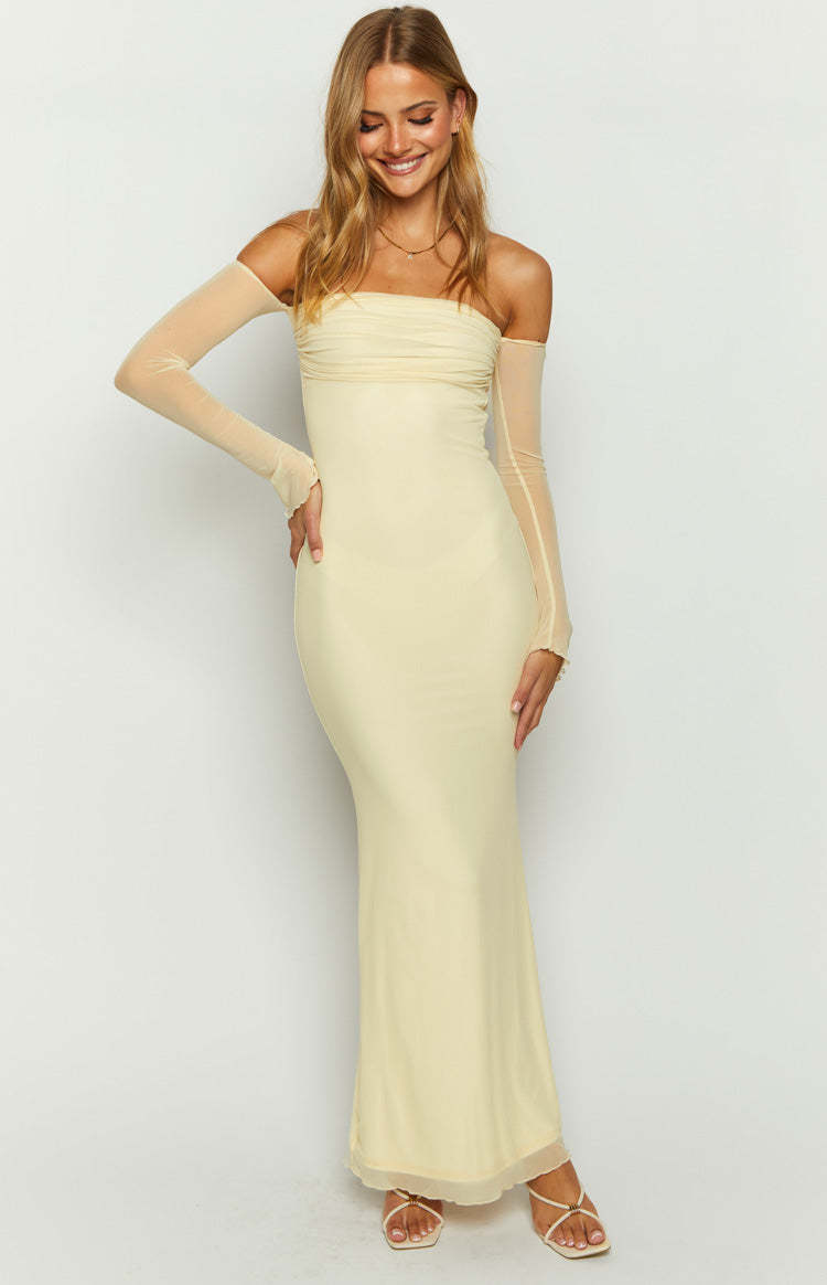 Odette Cream Long Sleeve Formal Maxi Dress-Vavasi.All Rights Reserved.