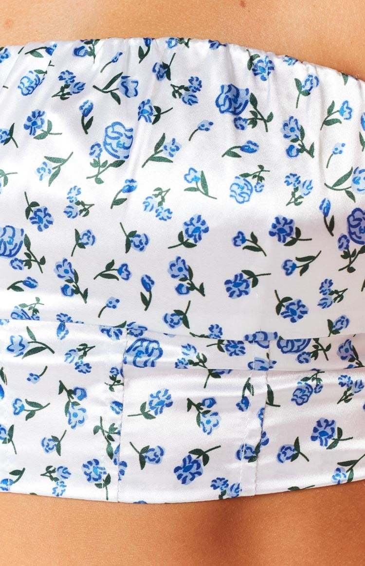 Opal Blue Floral Satin Corset Top-Vavasi.All Rights Reserved.