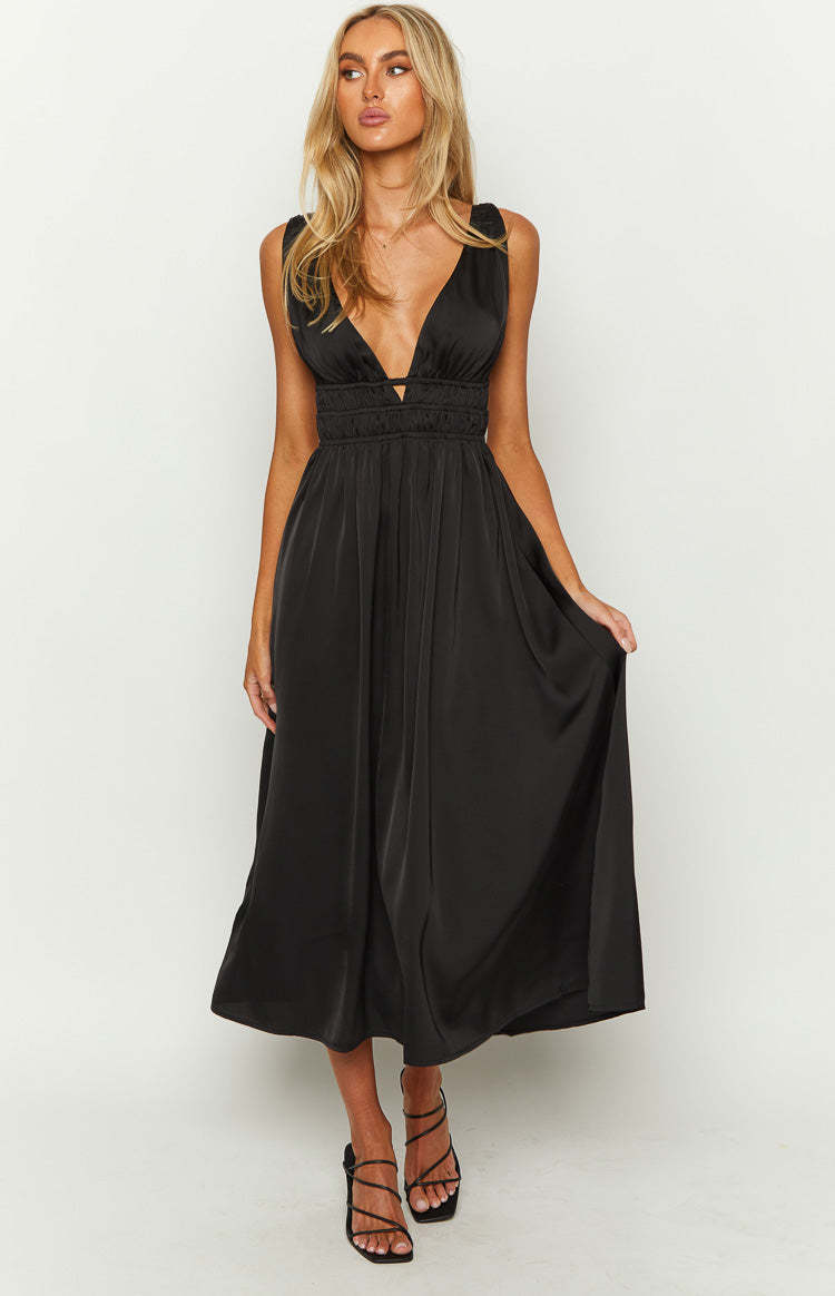 Ophelia Black Satin Maxi Dress-Vavasi.All Rights Reserved.