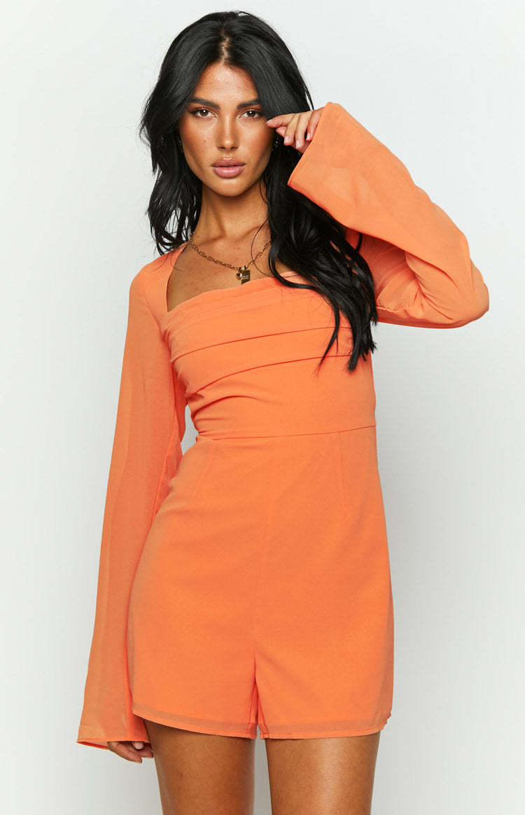 Oslo Orange Long Sleeve Playsuit-Vavasi.All Rights Reserved.