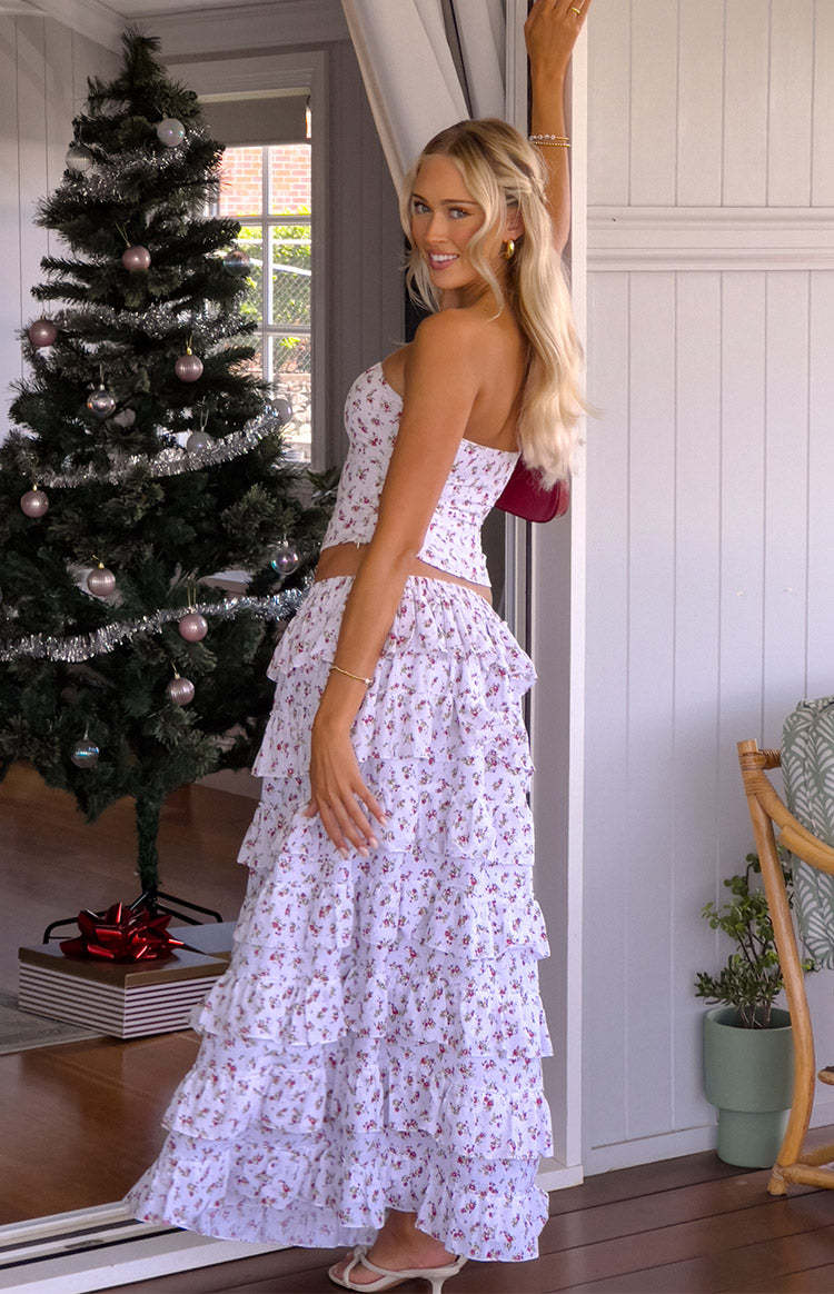 Paisley White Floral Ruffle Maxi Skirt-Vavasi.All Rights Reserved.