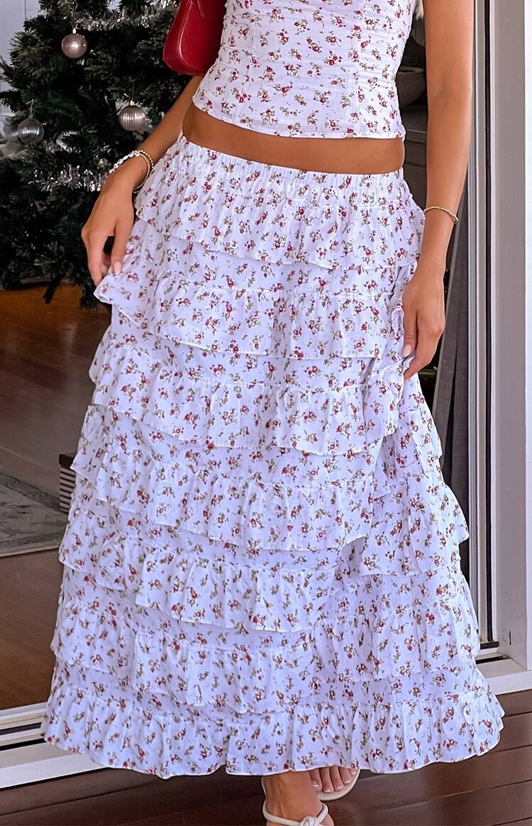 Paisley White Floral Ruffle Maxi Skirt-Vavasi.All Rights Reserved.