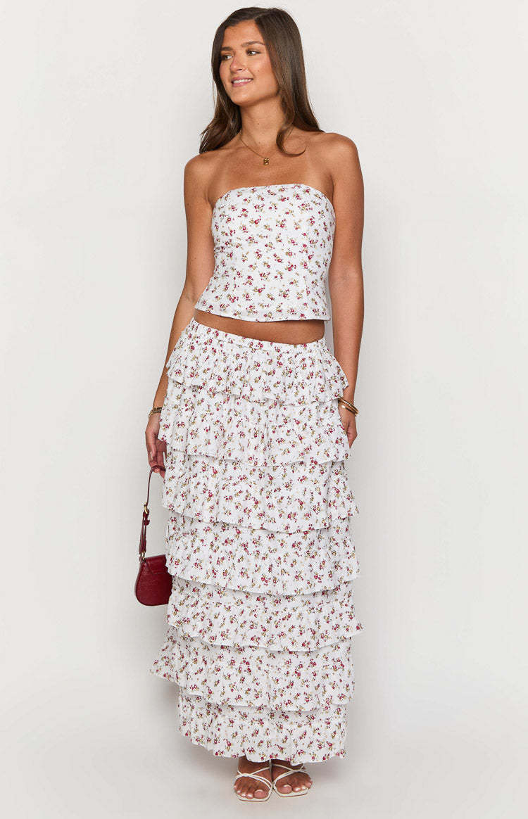 Paisley White Floral Ruffle Maxi Skirt-Vavasi.All Rights Reserved.