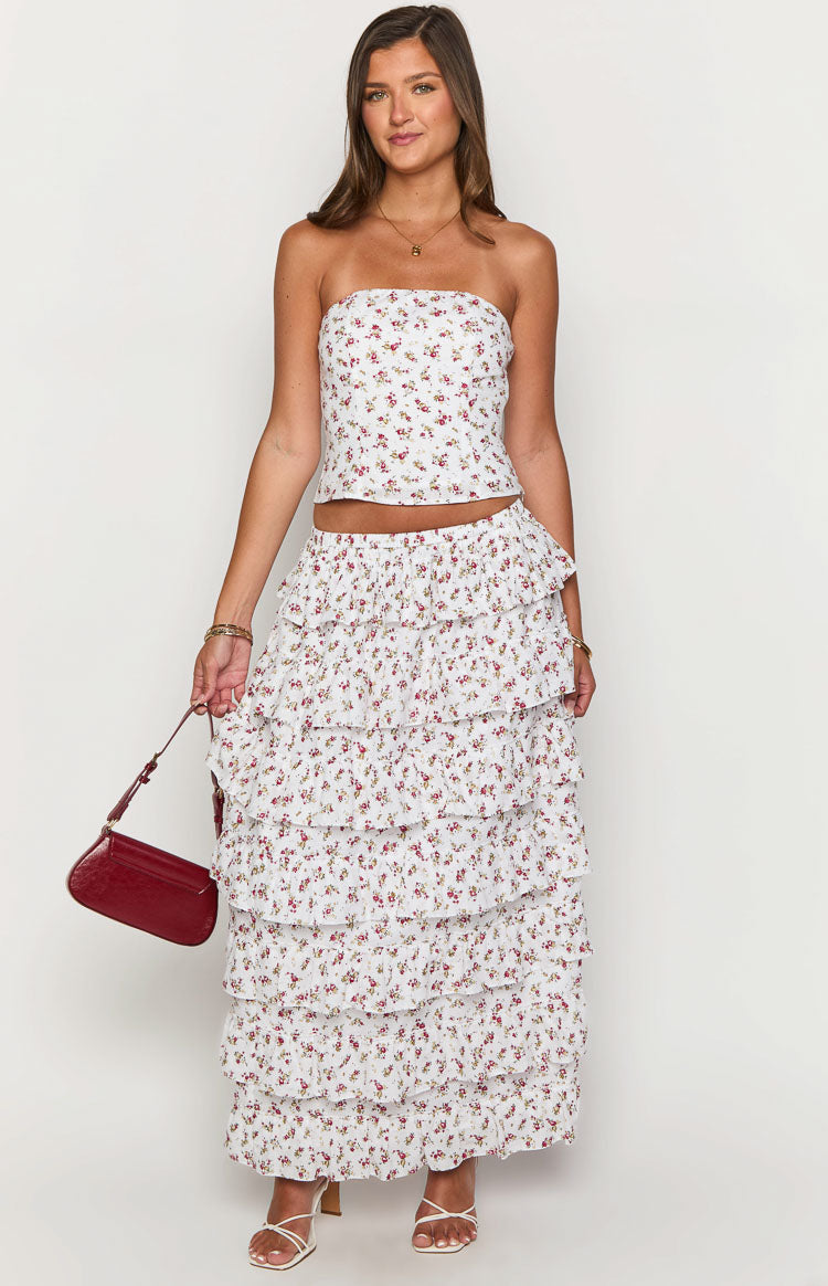 Paisley White Floral Ruffle Maxi Skirt-Vavasi.All Rights Reserved.