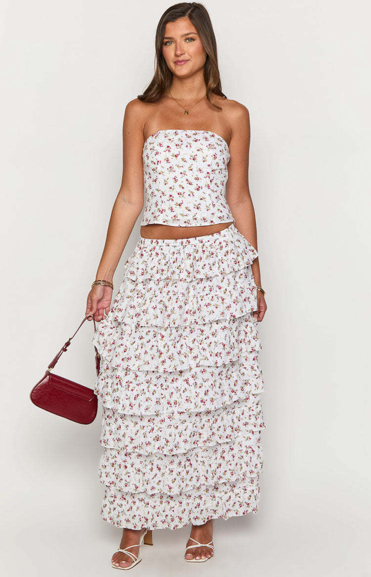 Paisley White Floral Ruffle Maxi Skirt-Vavasi.All Rights Reserved.