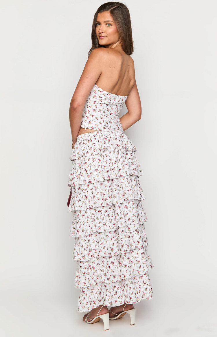 Paisley White Floral Ruffle Maxi Skirt-Vavasi.All Rights Reserved.