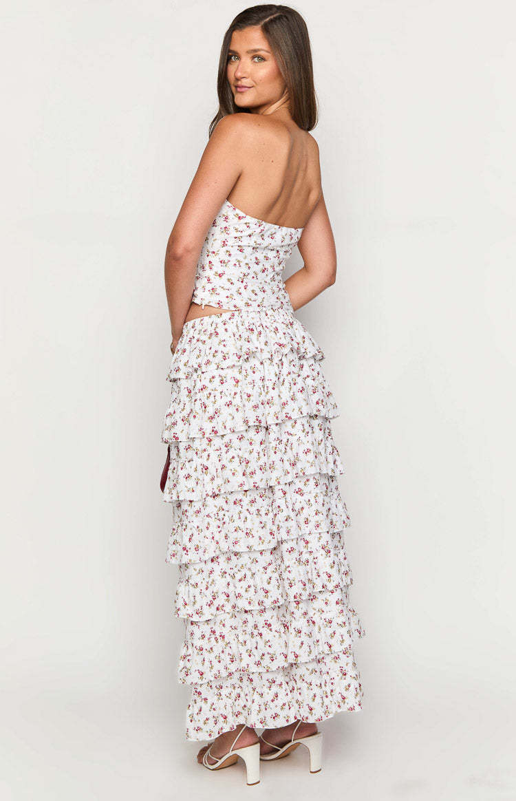 Paisley White Floral Ruffle Maxi Skirt-Vavasi.All Rights Reserved.