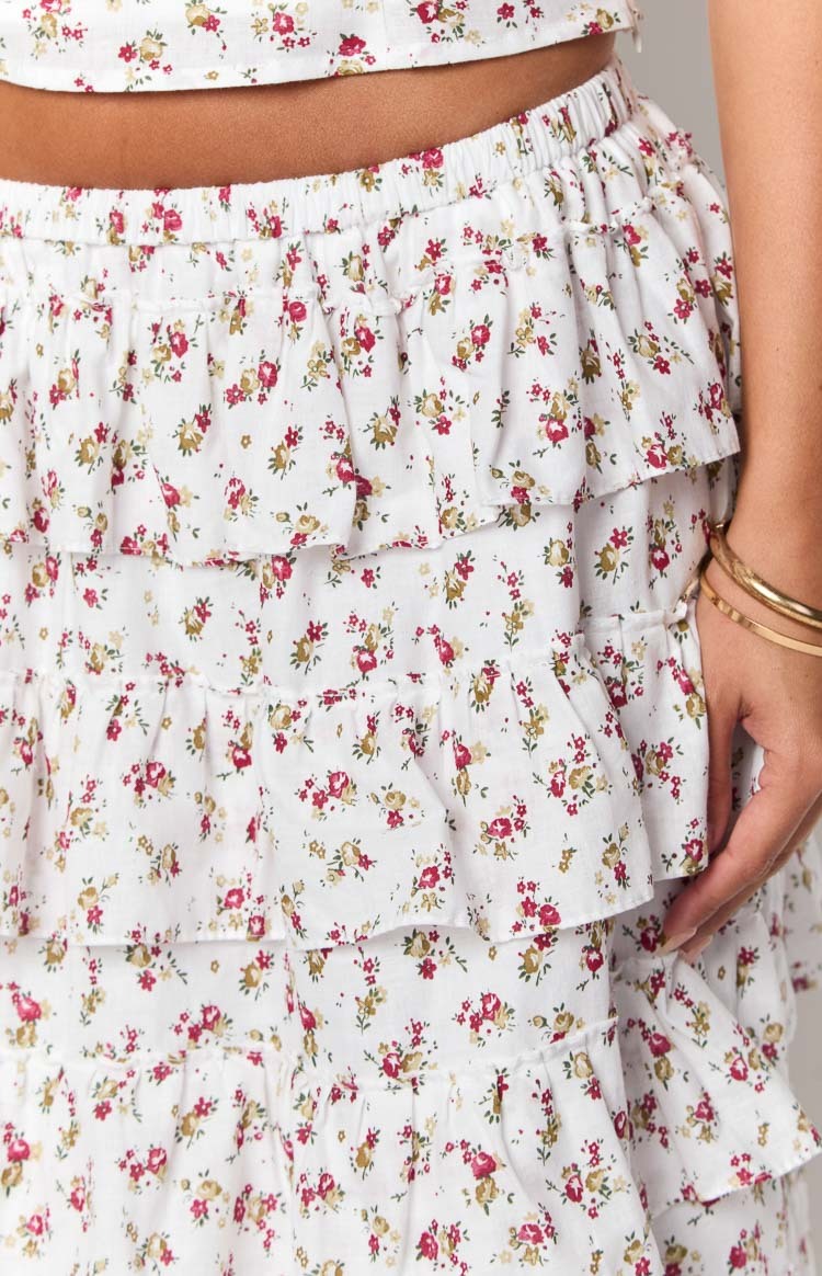 Paisley White Floral Ruffle Maxi Skirt-Vavasi.All Rights Reserved.