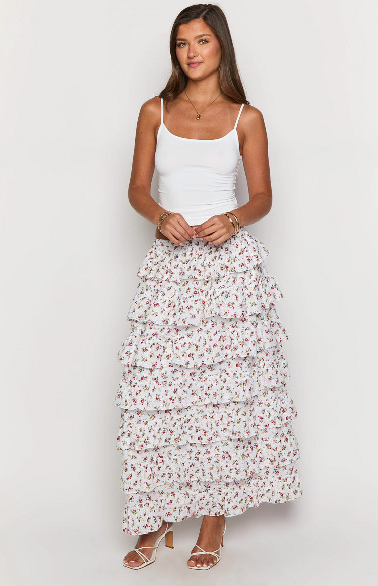 Paisley White Floral Ruffle Maxi Skirt-Vavasi.All Rights Reserved.