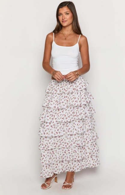 Paisley White Floral Ruffle Maxi Skirt-Vavasi.All Rights Reserved.