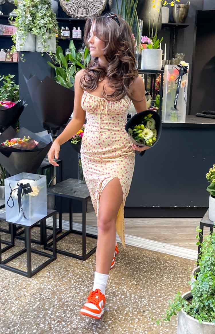 Paloma Yellow Floral Midi Dress-Vavasi.All Rights Reserved.
