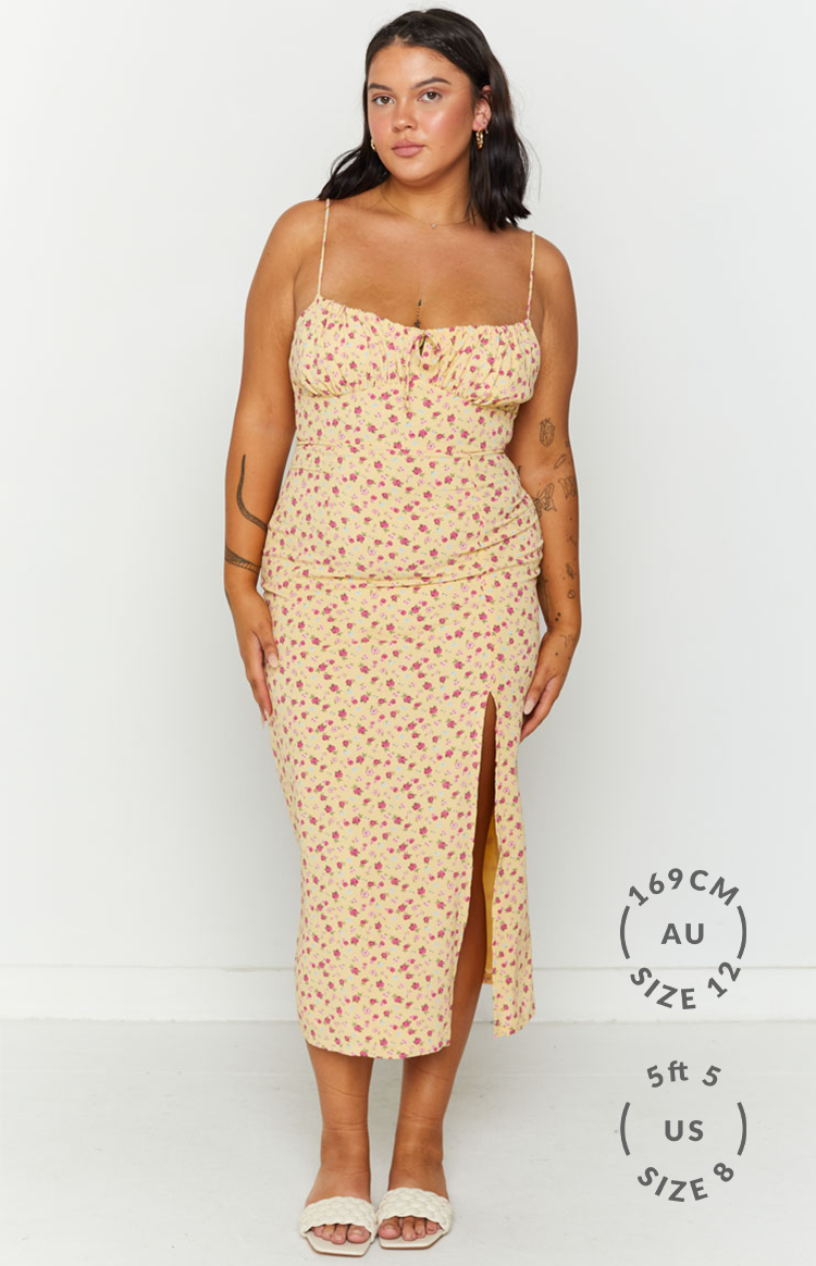 Paloma Yellow Floral Midi Dress-Vavasi.All Rights Reserved.