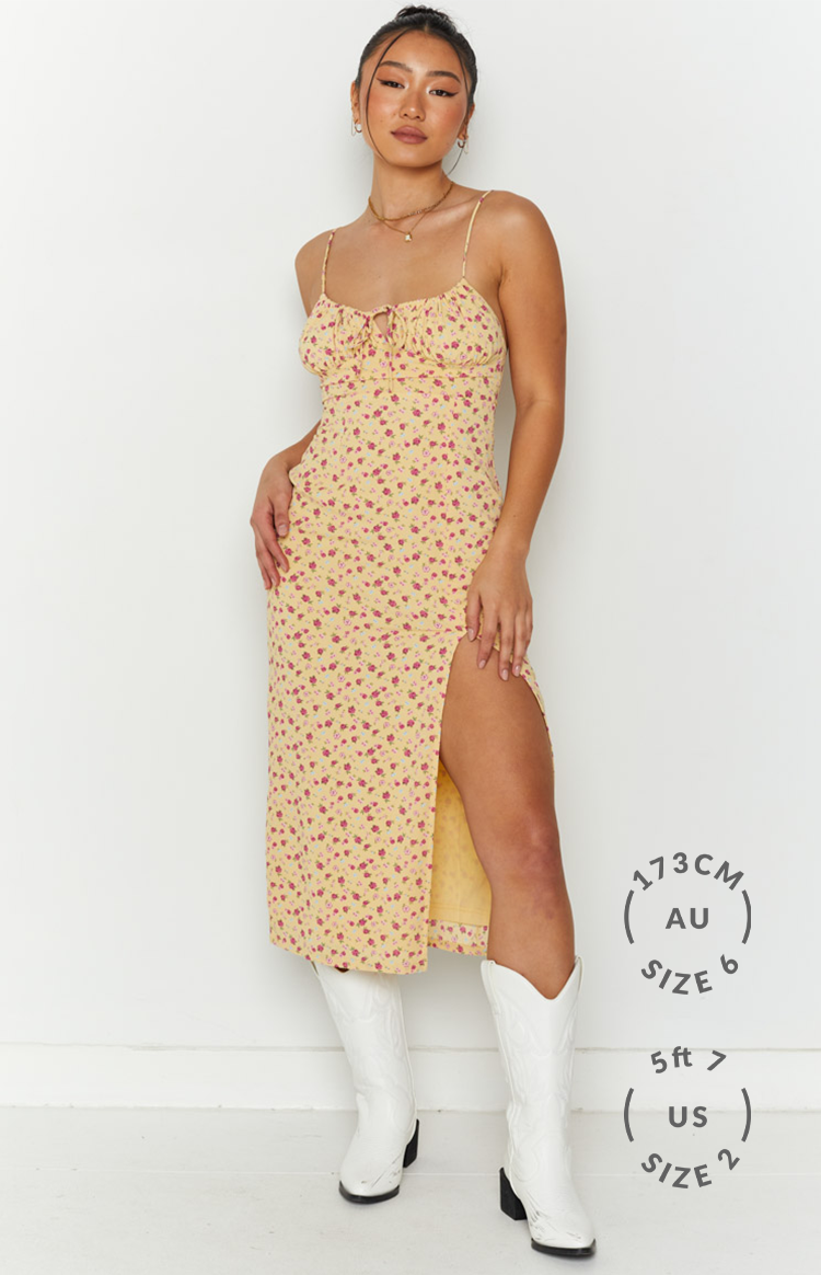 Paloma Yellow Floral Midi Dress-Vavasi.All Rights Reserved.