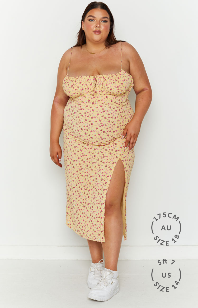 Paloma Yellow Floral Midi Dress-Vavasi.All Rights Reserved.