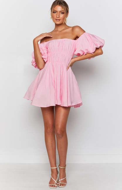 Paradise Puff Sleeve Dress Pink-Vavasi.All Rights Reserved.