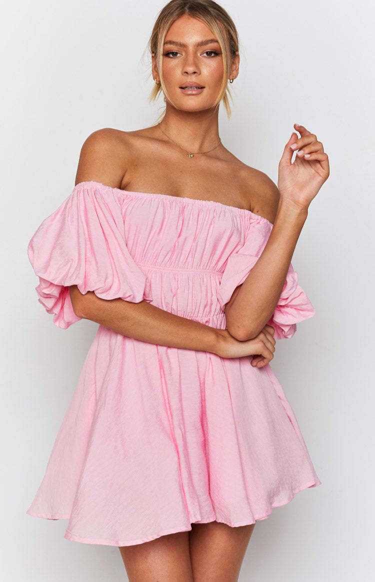 Paradise Puff Sleeve Dress Pink-Vavasi.All Rights Reserved.