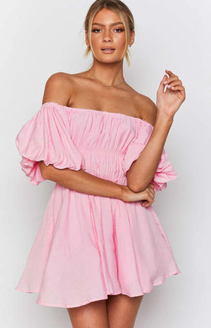 Paradise Puff Sleeve Dress Pink-Vavasi.All Rights Reserved.