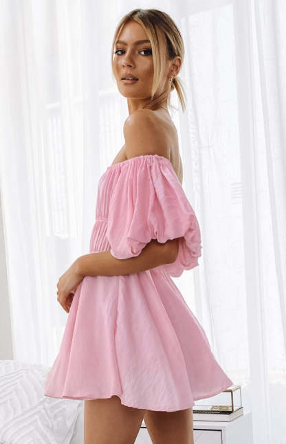 Paradise Puff Sleeve Dress Pink-Vavasi.All Rights Reserved.