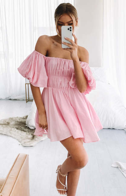 Paradise Puff Sleeve Dress Pink-Vavasi.All Rights Reserved.