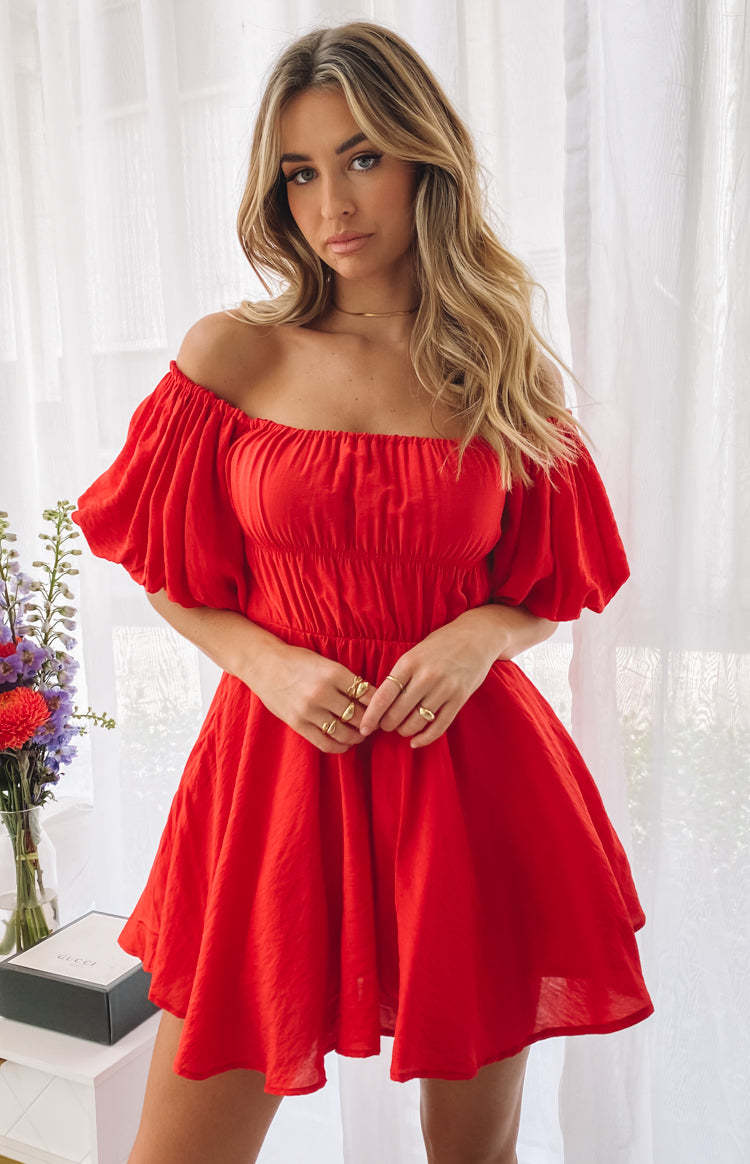 Paradise Puff Sleeve Dress Red-Vavasi.All Rights Reserved.