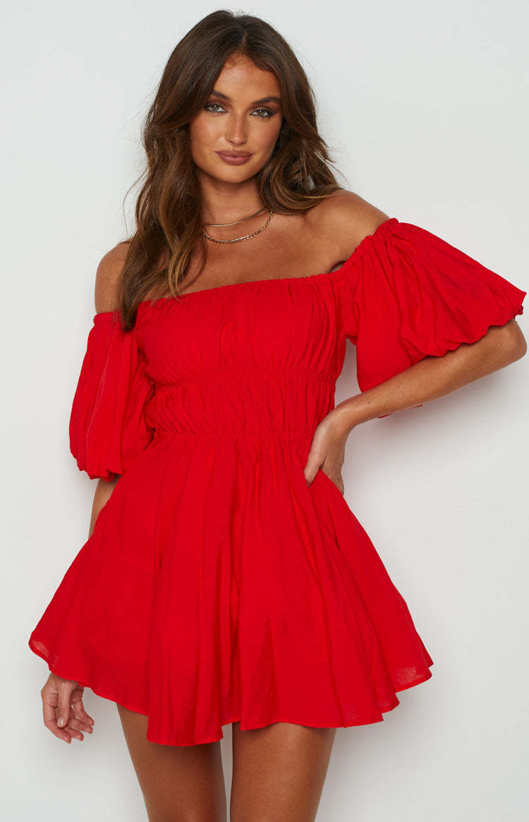 Paradise Puff Sleeve Dress Red-Vavasi.All Rights Reserved.