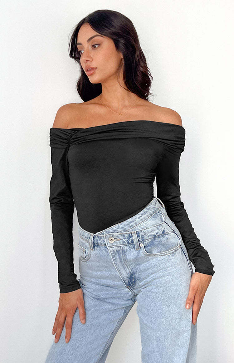 Phoenix Black Off Shoulder Bodysuit-Vavasi.All Rights Reserved.
