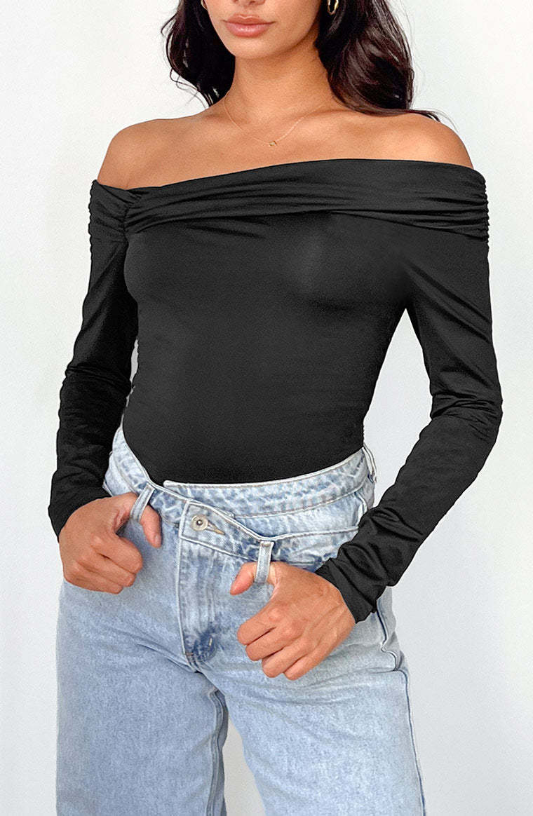 Phoenix Black Off Shoulder Bodysuit-Vavasi.All Rights Reserved.