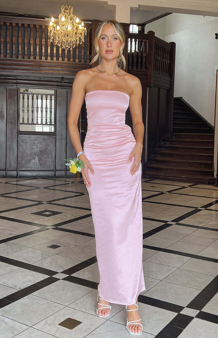 Pink Bloom Satin Strapless Maxi Dress-Vavasi.All Rights Reserved.