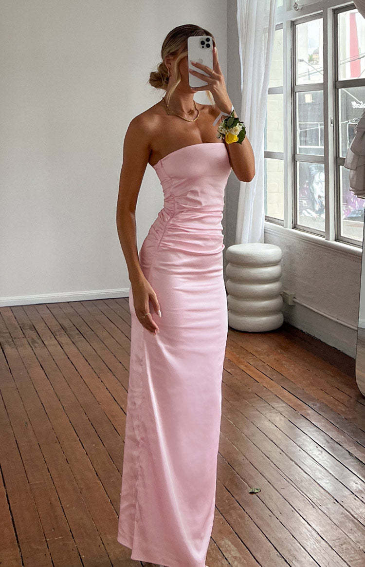 Pink Bloom Satin Strapless Maxi Dress-Vavasi.All Rights Reserved.