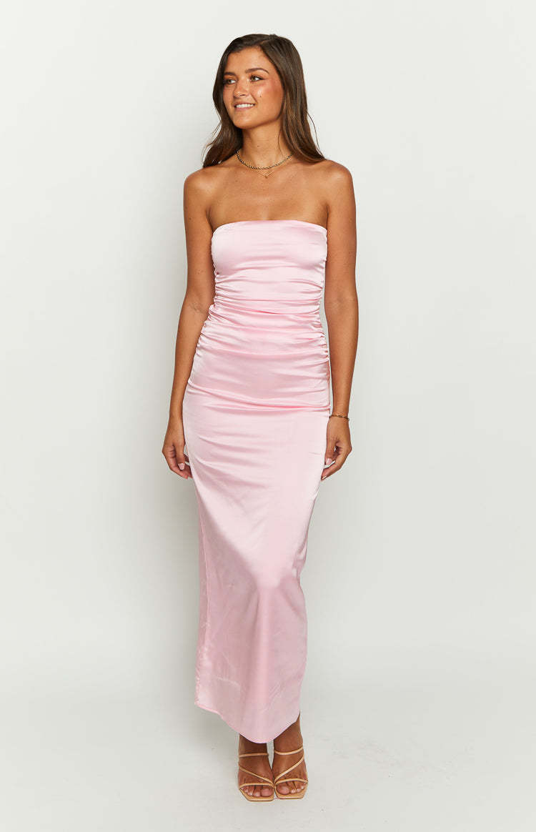 Pink Bloom Satin Strapless Maxi Dress-Vavasi.All Rights Reserved.