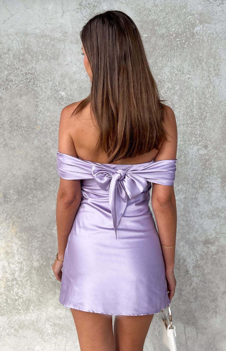 Primrose Purple Satin Off the Shoulder Mini Dress-Vavasi.All Rights Reserved.