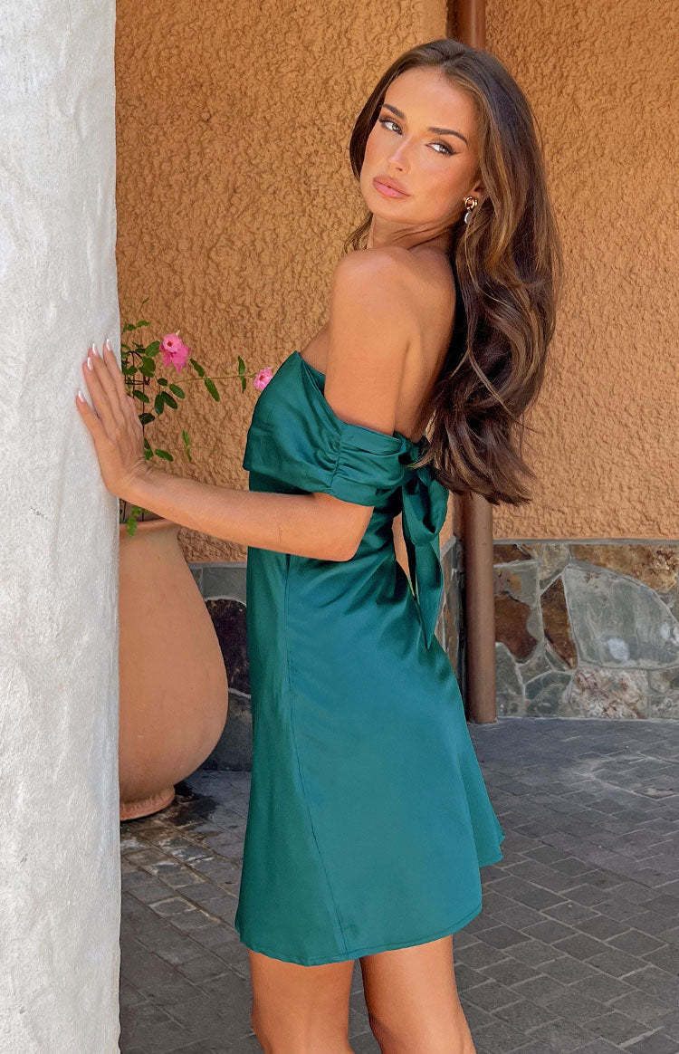 Primrose Teal Satin Off the Shoulder Mini Dress-Vavasi.All Rights Reserved.