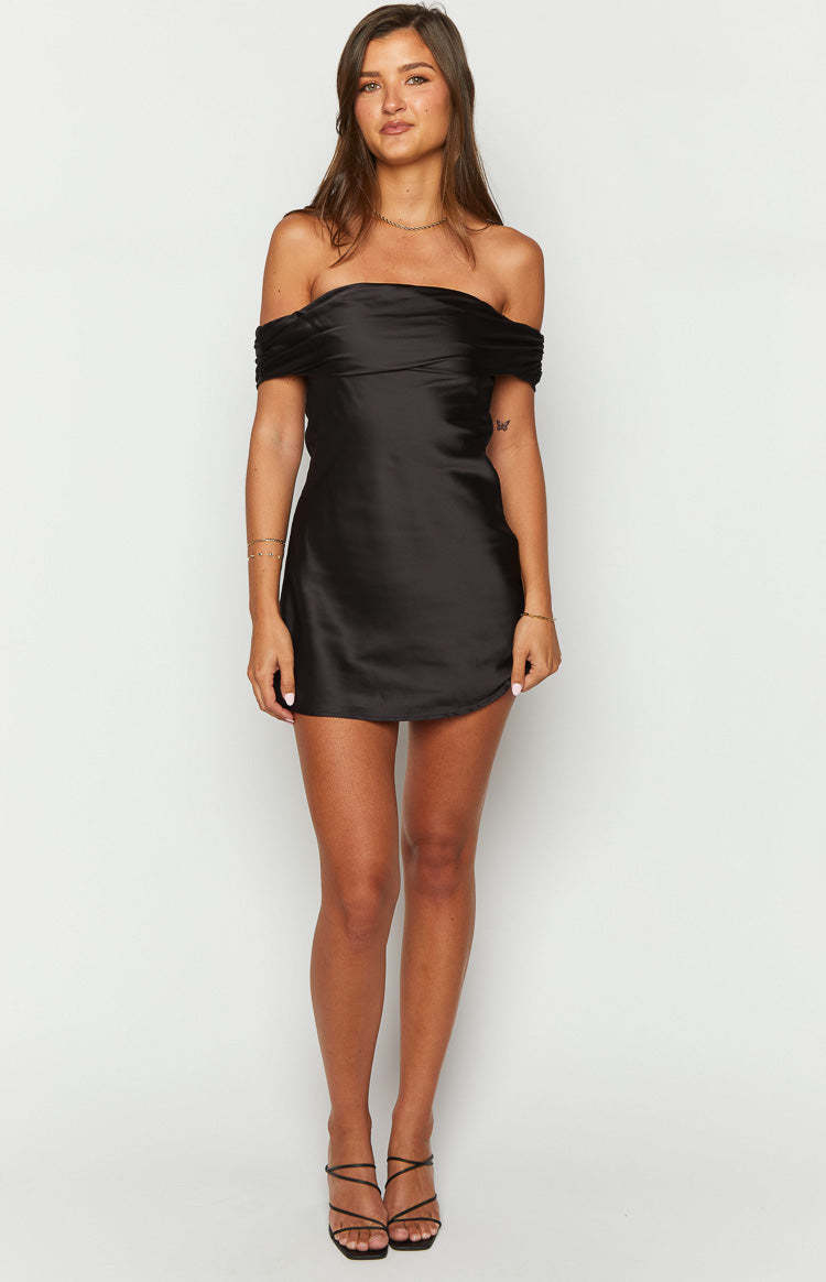 Primrose Black Satin Off the Shoulder Mini Dress-Vavasi.All Rights Reserved.