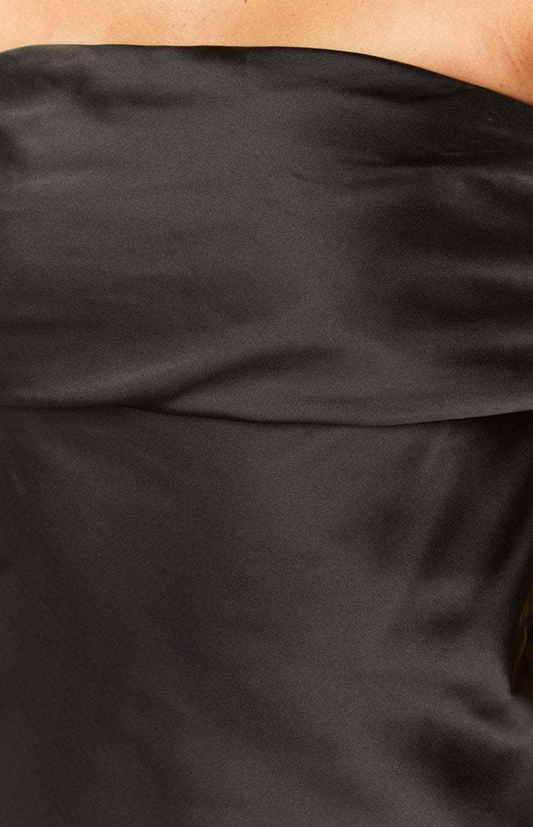 Primrose Black Satin Off the Shoulder Mini Dress-Vavasi.All Rights Reserved.
