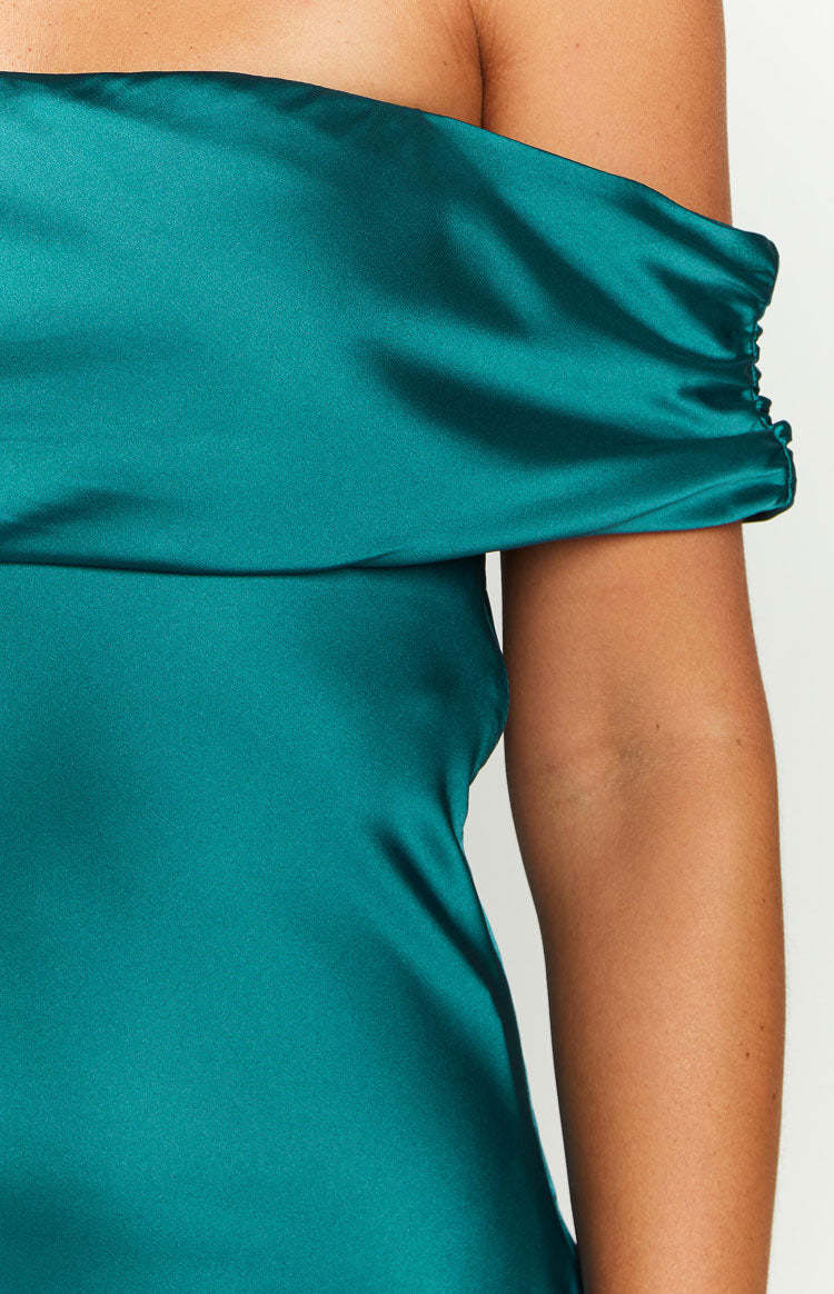 Primrose Teal Satin Off the Shoulder Mini Dress-Vavasi.All Rights Reserved.