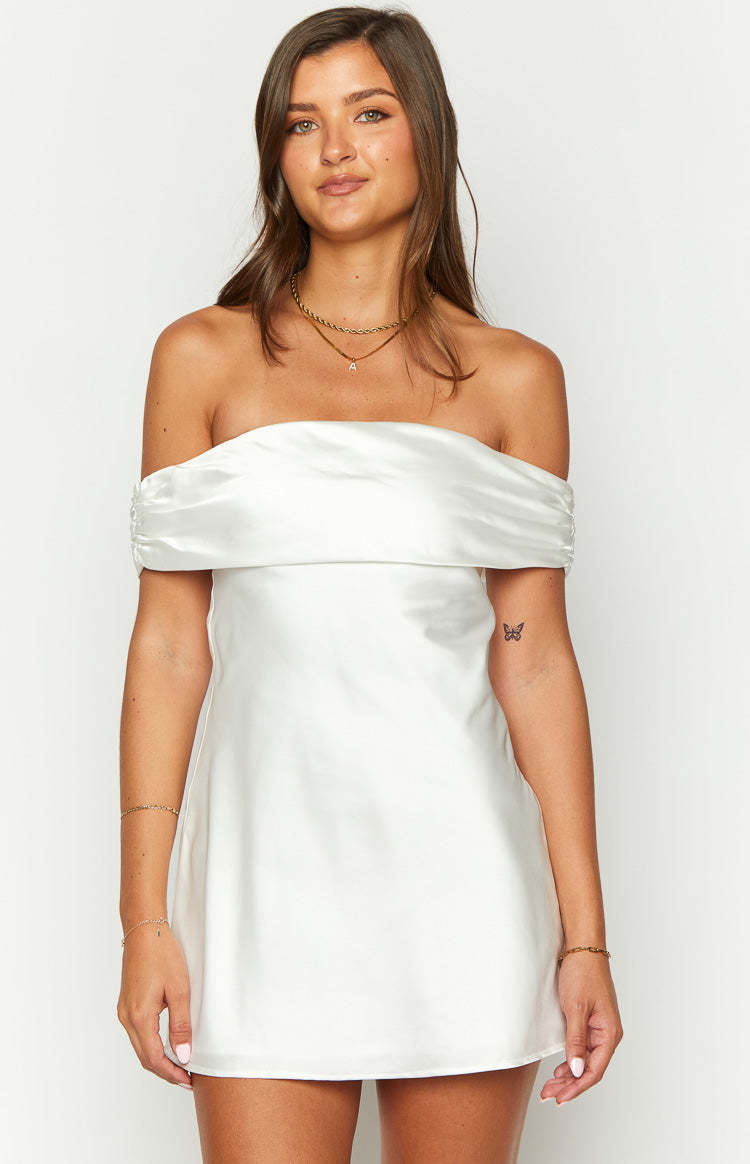 Primrose White Satin Off the Shoulder Mini Dress-Vavasi.All Rights Reserved.