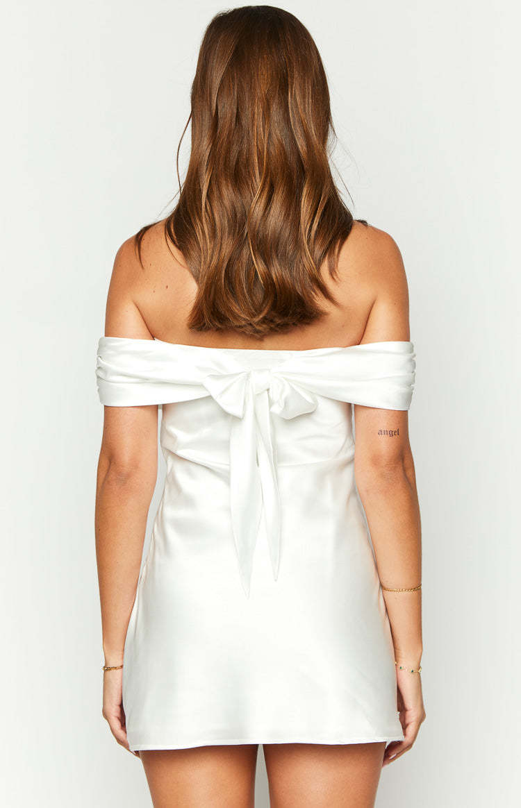 Primrose White Satin Off the Shoulder Mini Dress-Vavasi.All Rights Reserved.