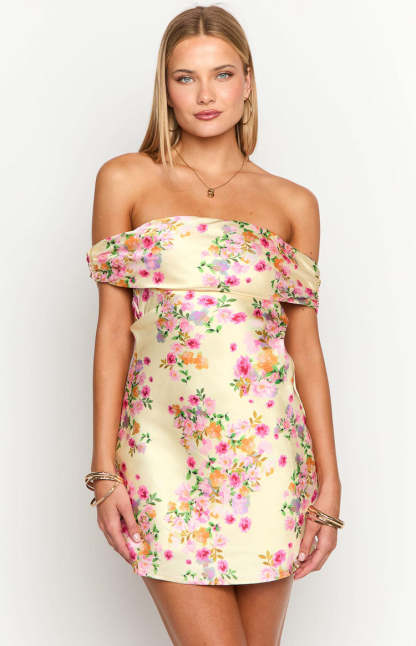 Primrose Yellow Bloom Off the Shoulder Mini Dress-Vavasi.All Rights Reserved.